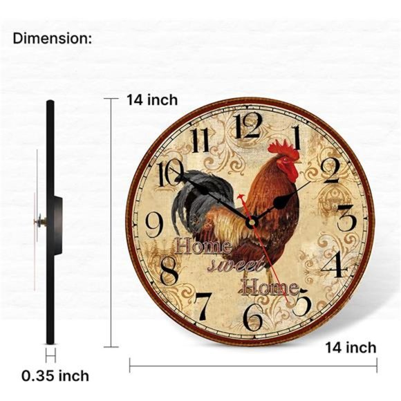 14 Inch Rustic Rooster Wall Clock Retro Silent Non Ticking Easy to Read Clock - Picture 4 of 6